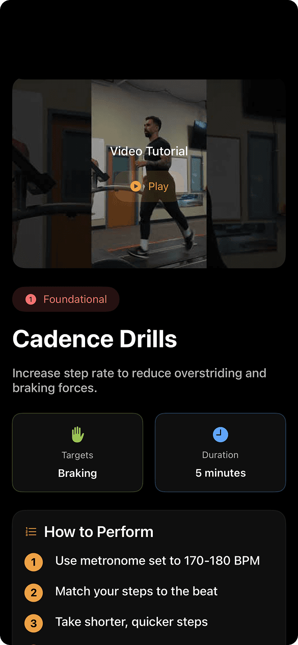 Cadence Drills exercise with a video tutorial, the Braking metric it targets, duration, and step-by-step instructions