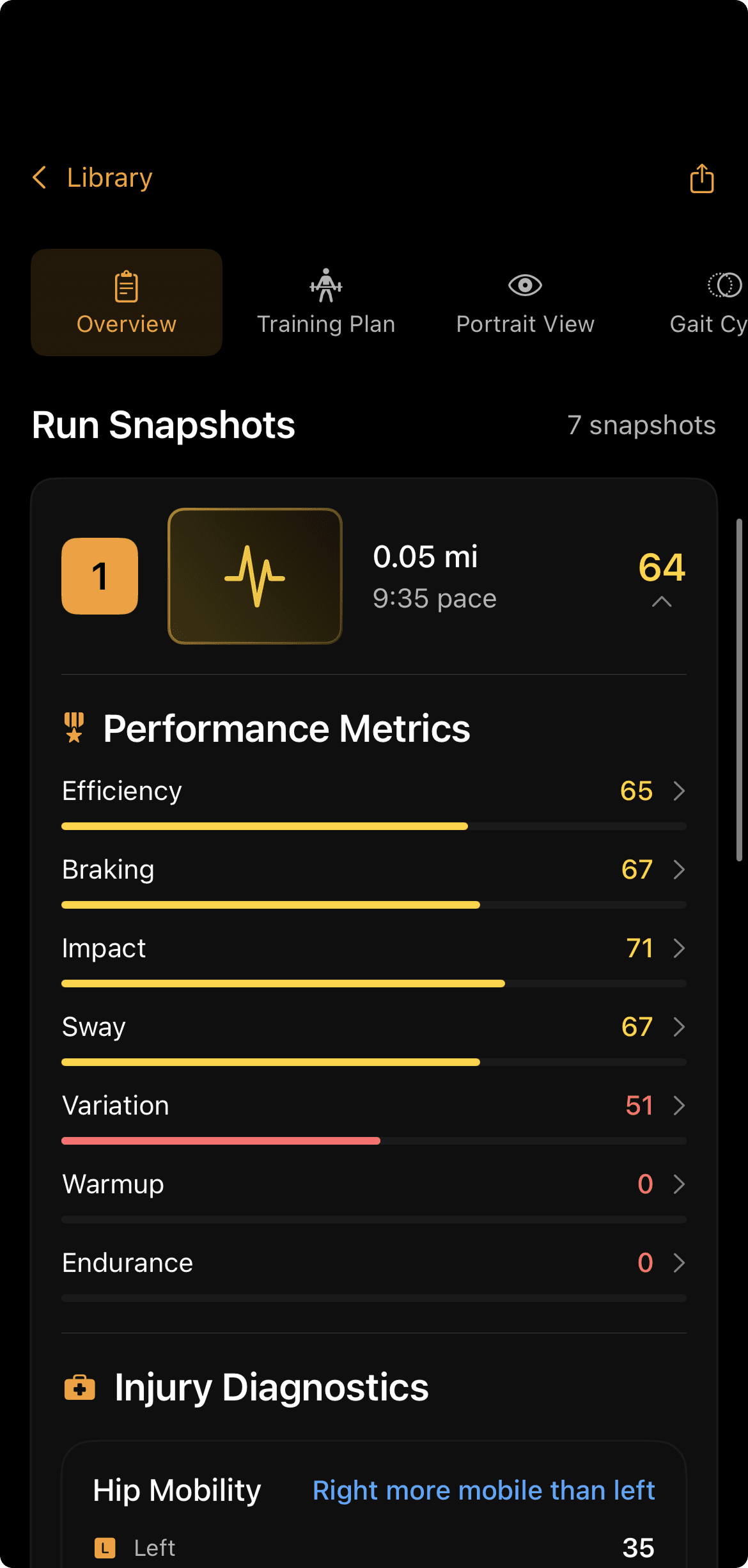 A single run snapshot expanded to show its performance metrics and injury diagnostics